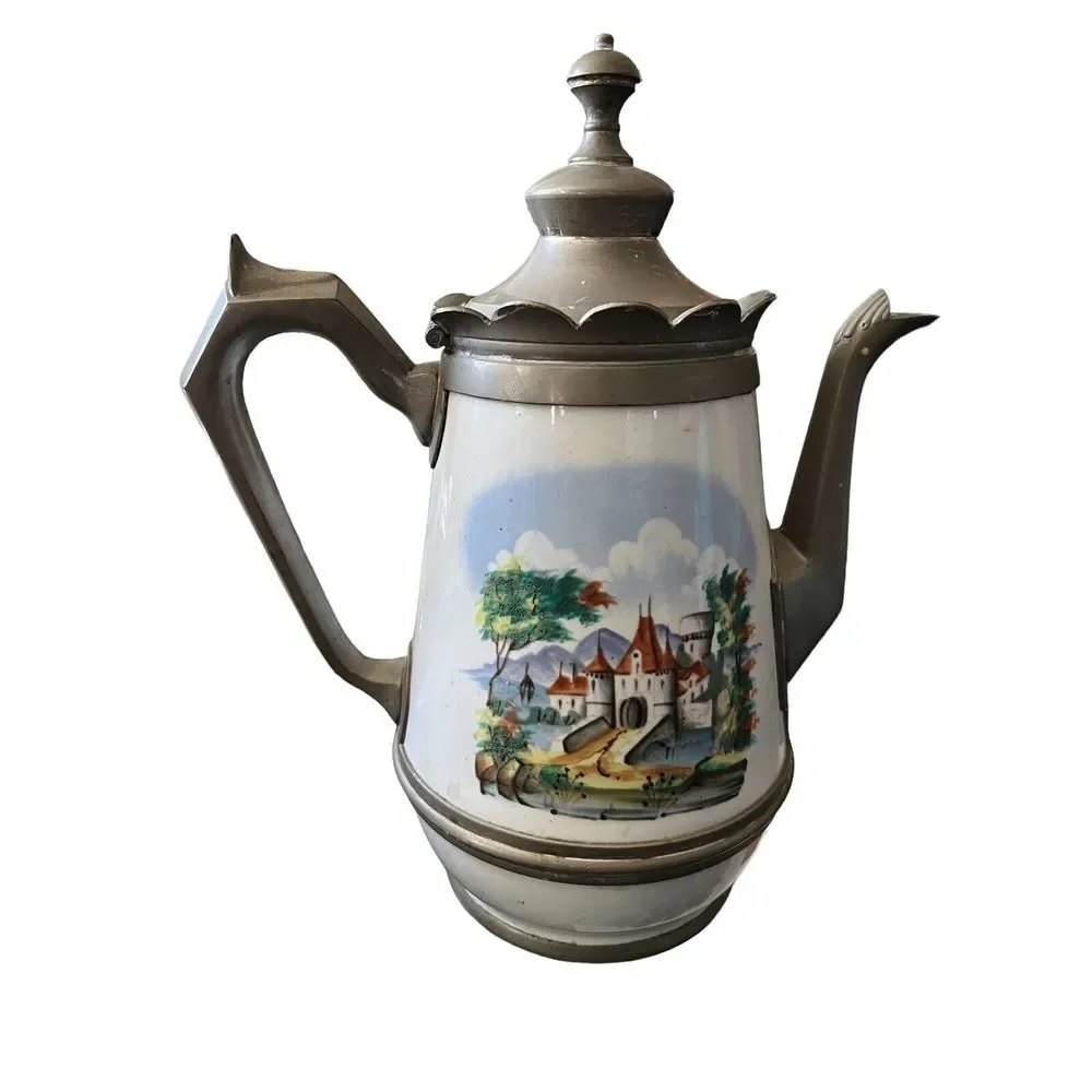 Antique manning & Bowman Graniteware Enameled‎ Coffee Pot w Pewter.